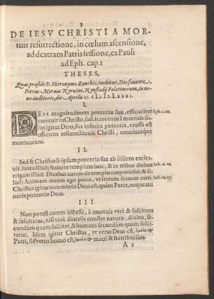 De Iesu Christi A Mortuis resurrectione, in coelum ascensione, ad dextram Patris sessione, ex Pauli ad Eph. cap. 1 Theses.