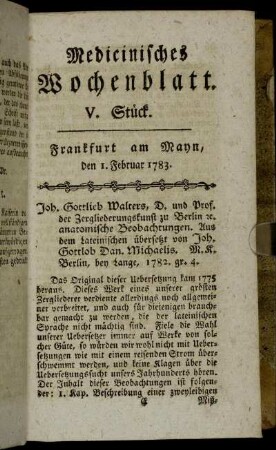 V. Stück. Frankfurt am Mayn, den 1. Februar 1783. - VIII. Stück. Frankfurt am Mayn, den 22. Februar 1783.