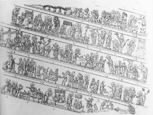 Hildesheim, Dom St. Maria, Bronzesäule, sog. Bernwardssäule, Abrollung der 28 Darstellungen aus dem Leben Jesu (graph. Darstellung)