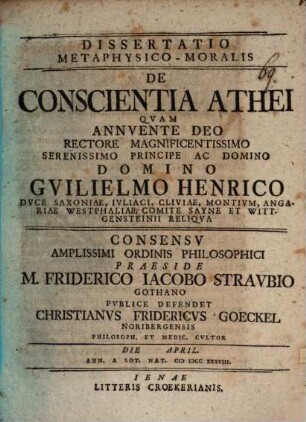 Diss. metaphys. mor. de conscientia athei