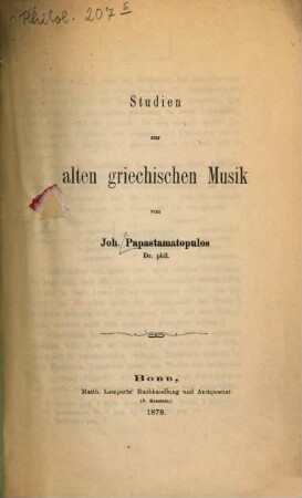 Studien zur alten griechischen Musik : Jenenser Doctordiss.