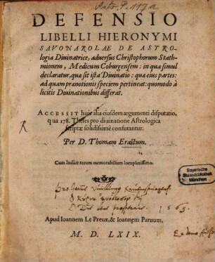 Defensio libelli Hieronymi Savonarolae de astrologia divinatrice