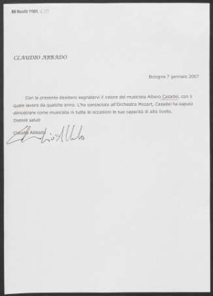 Empfehlungsschreiben für den Violoncellisten Alberto Casadei