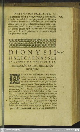 Dionysii Halicarnassei Praecepta De Oratione Panegyrica, M. Antonio Antimacho interprete