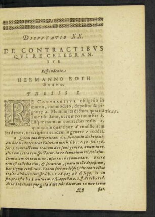 Disputatio XX. De Contractibus Qui Re Celebrantur Respondente Hermanno Roth Suevo.