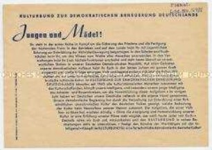 Aufruf des Kulturbundes an die Jugend zur Mitarbeit in der Organisation
