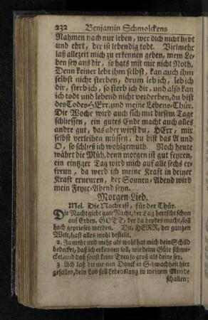 Morgen-Lied. Mel. Die Nacht ist, für der Thür.