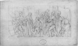 Welthandel im 15. und 16. Jahrhundert : Rietschel, Ernst. Relief für die Aula des Leipziger Augusteums. Welthandel im 15. und 16. Jahrhundert. Bleistift auf hellelfenbeinfarbenem Velin; 28,3 x 48,9 cm. Um 1836. Privatbesitz (Nachlass des Künstlers). WVZ 255