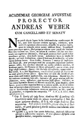 ACADEMIAE GEORGIAE AVGVSTAE PRORECTOR ANDREAS WEBER CVM CANCELLARIO ET SENATV