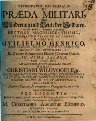 Dissertatio Inauguralis De Præda Militari : = Von Plünderung und Beute der Soldaten