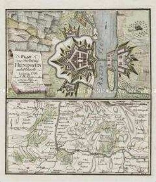 Plan der Festung Hüningen. Mit einer Umgebungskarte