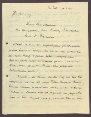 Schreiben von Eugen Wiedenmann an Constantin Fehrenbach, Glückwünsche zu Reichstagspräsidentschaft