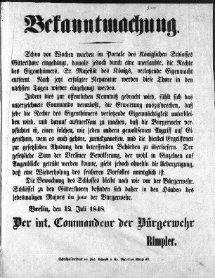 Bekanntmachung. Schon vor Wochen wurden im Portale des Königlichen Schlosses Gitterthore eingehängt, [...] (Sammlung Friedlaender)
