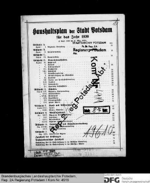 Haushaltsplan der Stadt Potsdam für das Rechnungsjahr 1930