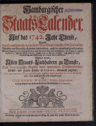 1742: Hamburgischer Staats-Kalender : auf das Jahr