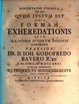 Diss. iur. de eo quod iustum est circa formam exheredationis