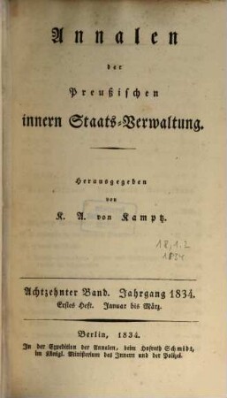 Annalen der preußischen innern Staats-Verwaltung. 18, 1/2. 1834
