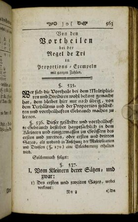 Von den Vortheilen bei der Regel de Tri in Proportions-Exempeln mit ganzen Zahlen.