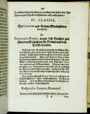 IV. Classis. Die Limites und Gräntze Streitigkeiten betreffendt.