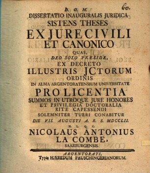 Dissertatio inauguralis juridica sistens theses ex jure civili et canonico