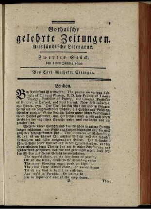 Zweytes Stück, den 11ten Januar 1794.