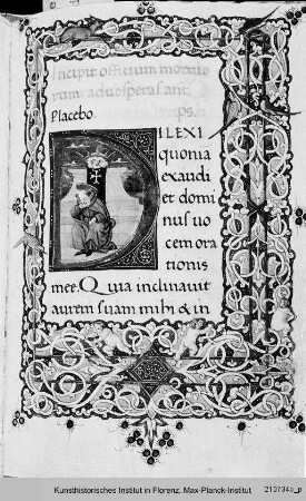 Officium Beatae Mariae Virginis : Buchseite mit Bordüre und historisierter Initiale D(ilexi)