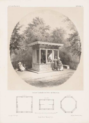 Berliner Trinkhalle für Selters- und Sodawasser: Grundrisse, Perspektivische Ansicht (aus: Architektonisches Skizzenbuch, H. 51/3, 1861)