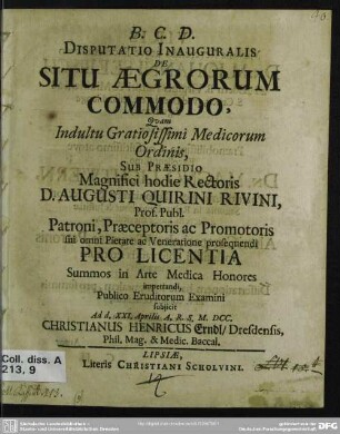 Disputatio inauguralis de situ aegrorum commodo