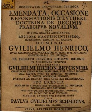 Diss. inaug. iur. de emendata, occasione reformationis B. Lutheri, doctrina de decimis, praecipue novalium