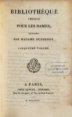 Bibliothèque choisie pour les dames. 5. 1819