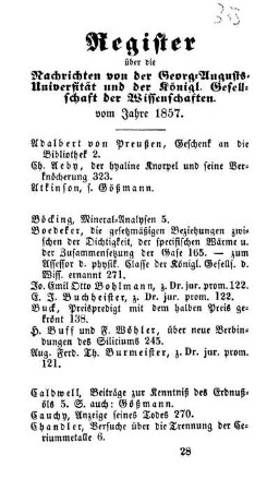 Register über die Nachrichten von der Georg=Augusts=Universität und der Königl. Gesellschaft der Wissenschaften. vom Jahre 1857.