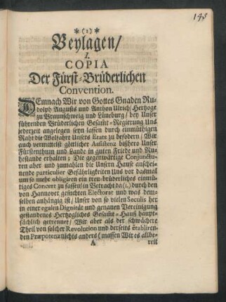 I. Copia Der Fürst-Brüderlichen Convention