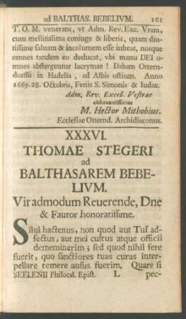 XXXVI. Thomae Stegeri ad Balthasarem Bebelium