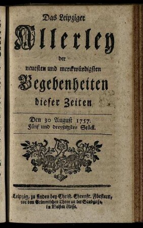 Den 30 August 1757. Fünf und dreyßigstes Stück.