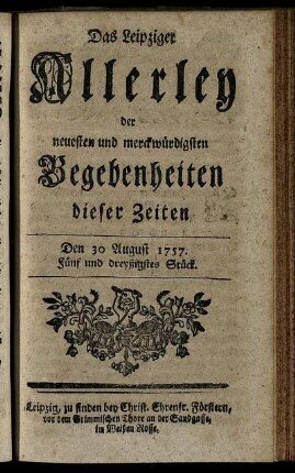 Den 30 August 1757. Fünf und dreyßigstes Stück.