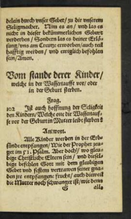 Vom stande derer Kinder/ welche in der Wassertauffe vor/ oder in der Geburt sterben.