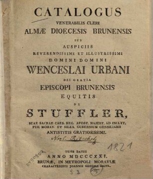 Catalogus venerabilis cleri Dioecesis Brunensis, 1821