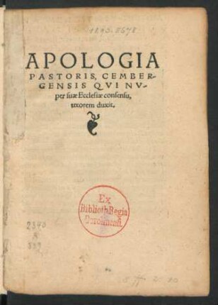 APOLOGIA || PASTORIS, CEMBER-||GENSIS QVI NV-||per suae Ecclesiae consensu,|| uxorem duxit.||