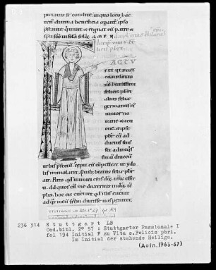 Stuttgarter Passionale — Pars hiemalis (erster Band) — Initiale F (actum est), darin der heilige Felix einen Sünder aus den Klauen des Teufels, Folio 194recto
