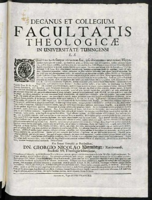 Decanus Et Collegium Facultatis Theologicae In Universitate Tubingensi L. S.