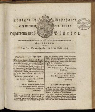 Nro 61. Sonnabend, den 31ten Juli 1813 [-] Nro 70. Mittwoch, den 1ten September 1813