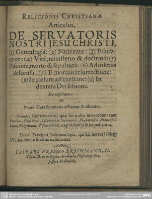 Religionis Christianae Articulus, De Servatoris Nostri Jesu Christi