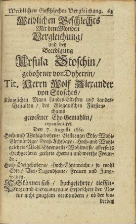 Weiblichen Geschlechts Mit dem Monden Vergleichung / und bey Beerdigung Ursula Stoschin ...