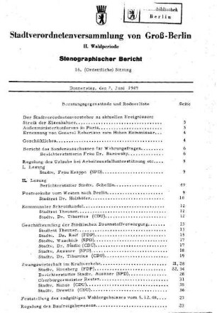 Nr. 16, 2. Juni 1949, Ordentliche Sitzung