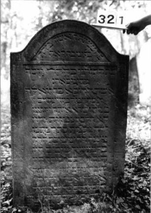 Grabstein 321 (Index: 99803496) Material: Sandstein Zustand: unten verwitt/Textverlust Maße HxBxT: 112x67x12 cm Beschreibung: Stele mit Karniesbogen und profiliertem Rand, Giebelfeld Besonderheit: Endreim: Grabstein 321