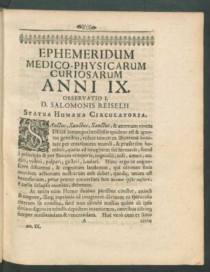 Ephemeridum Medico-Physicarum Curiosarum Anni IX. Observatio I. - XX.