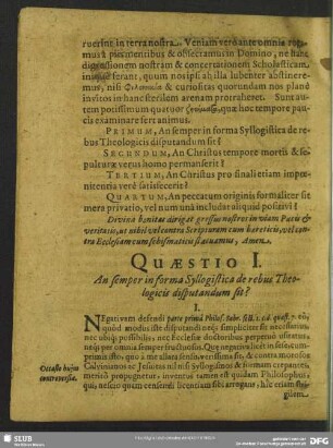 Quaestio I. An semper in forma Syllogistica de rebus Theologicis disputantum sit?