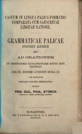 Casuum in lingua Palica formatio comparata cum Sanscritae linguae ratione : grammaticae Palicae specimen alterum quo ad orationem