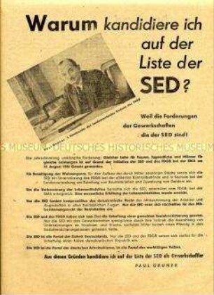 Wahlflugblatt der SED mit einem Porträt des 1. Vorsitzenden des FDGB-Landesvorstandes als Kandidat der SED bei den Gemeindewahlen 1946