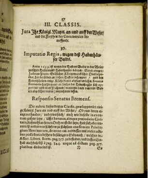 III. classis. Jura Ihr. Königl. Maytt. an und auff der Weser/ und die Freyheit der Commercien betreffendt